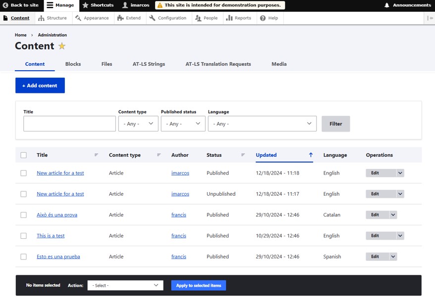 Pantalla de contenidos.