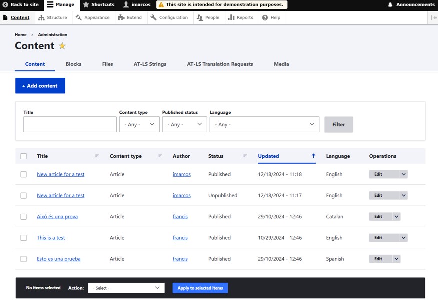 Pantalla de contenidos.