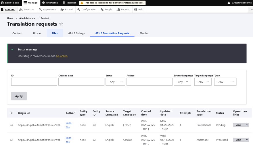 Estado de los trabajos de traducción.