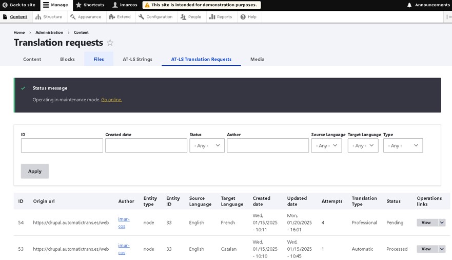Estado de los trabajos de traducción.