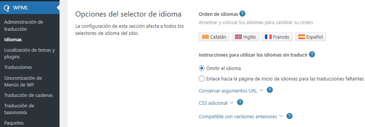 Opciones del selector de idiomas.